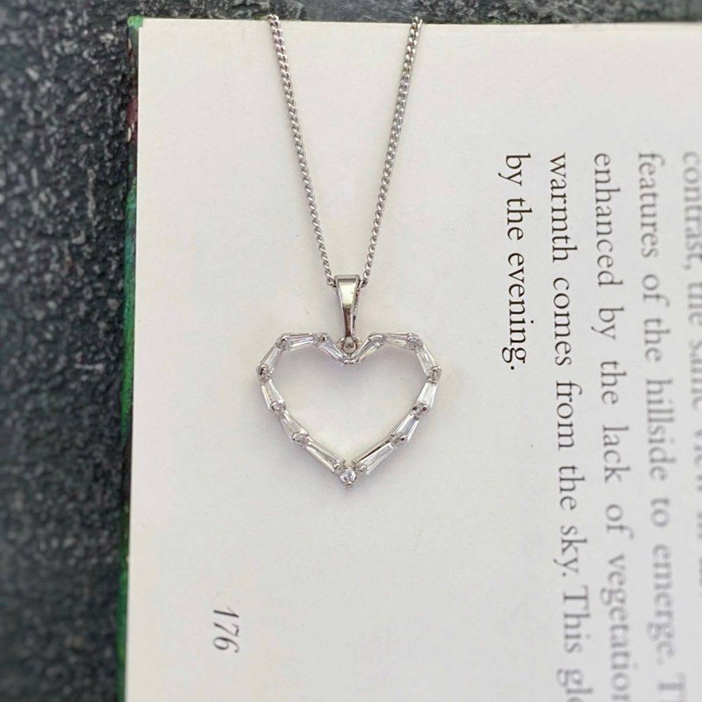 Platinum Plated Heart Necklace | Baguette Stone Dainty Jewelry